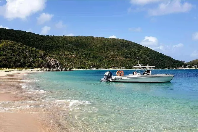 Private BVI power boat anchored near Norman Island for snorkeling on a full-day tour from Tortola, British Virgin Islands